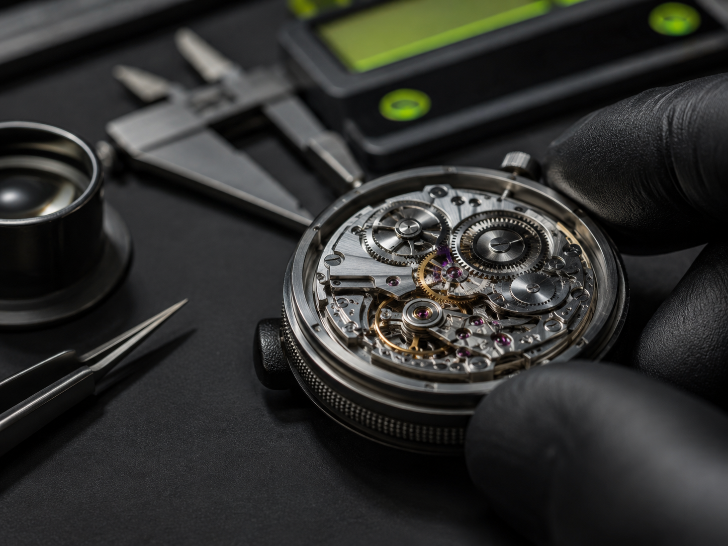 Illustration of watch inspection tools and a movement, not an item-specific test record